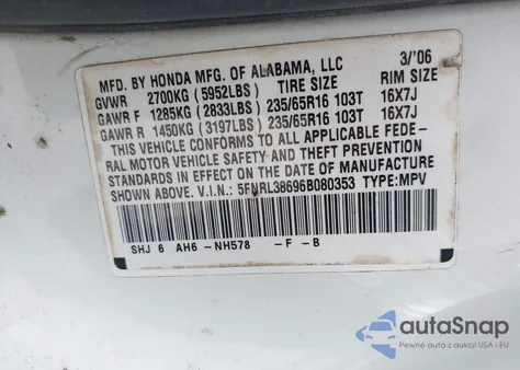 2006 Honda Odyssey Ex-L из США, поврежденный, VIN 5FNRL38696B080353